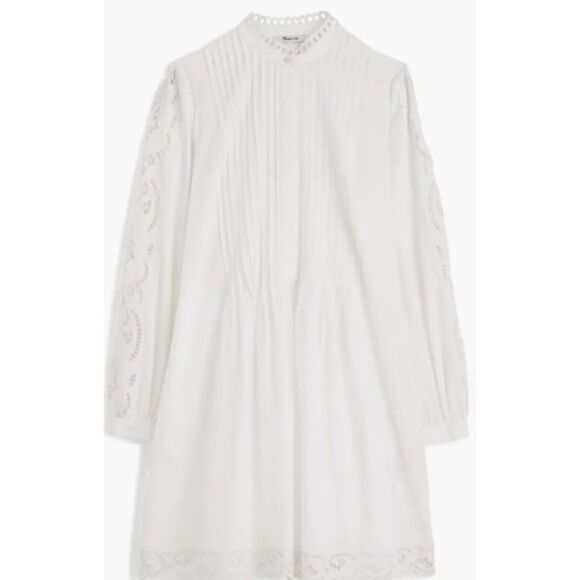 Madewell Pintuck Eyelet Mini Dress XXS White Long Sleeve Cottagecore NU568 NWT - Picture 4 of 15